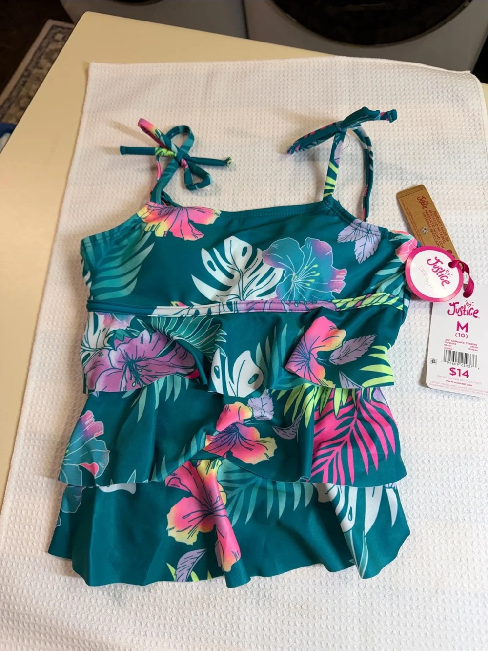 Justice Teal Tropical Ruffle Tankini with Pink & Lime Floral